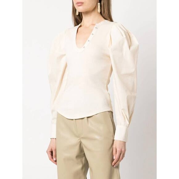 Ulla Johnson Joanne Poplin Sleeve Rib Knit Top Ribbed Jersey Oatmeal Beige - Picture 14 of 14